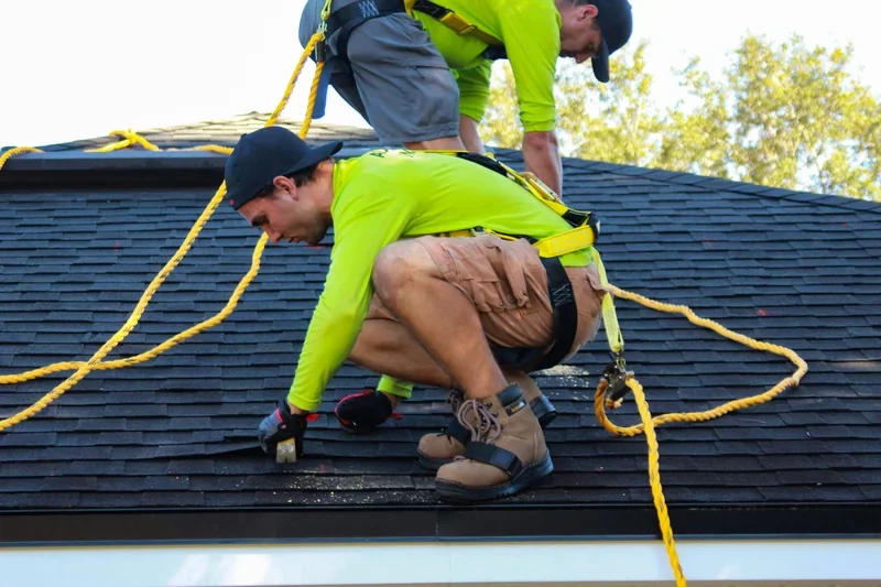 Roofer in a safety harness kneeling on an asphalt shingle roof during a repair