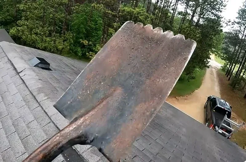 Roofing tear-off shovel resting on old asphalt shingles before removal